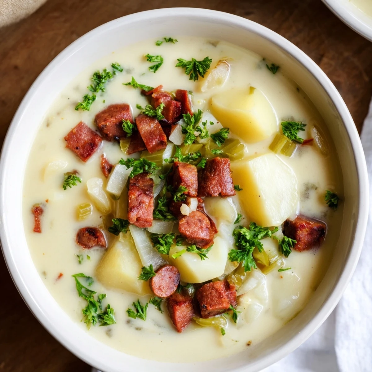 Garnished Potato, Leek & Chorizo Soup, a colorful blend with chorizo and a side of crusty bread.
