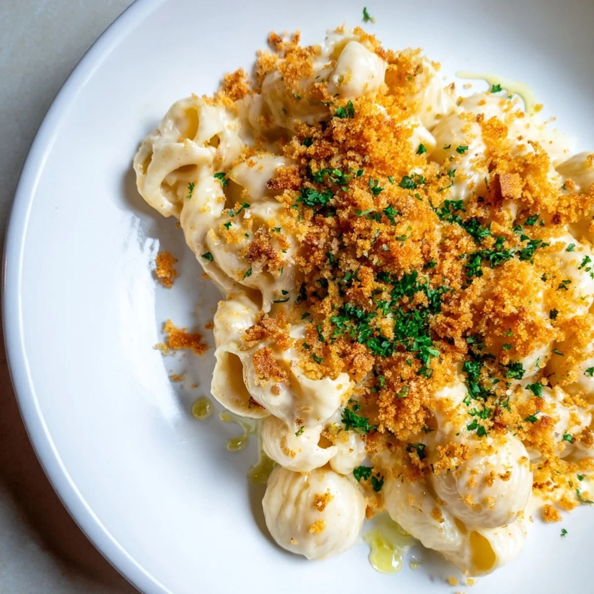 Golden, bubbly truffle macaroni & cheese, a comforting baked dish with a rich, creamy texture.