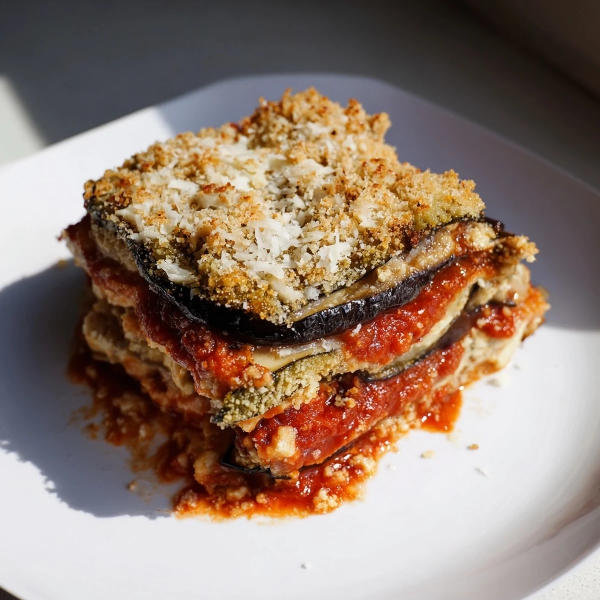 Warm Eggplant Parmesan Lasagna, bubbly mozzarella and golden Parmesan, ready to serve and enjoy.