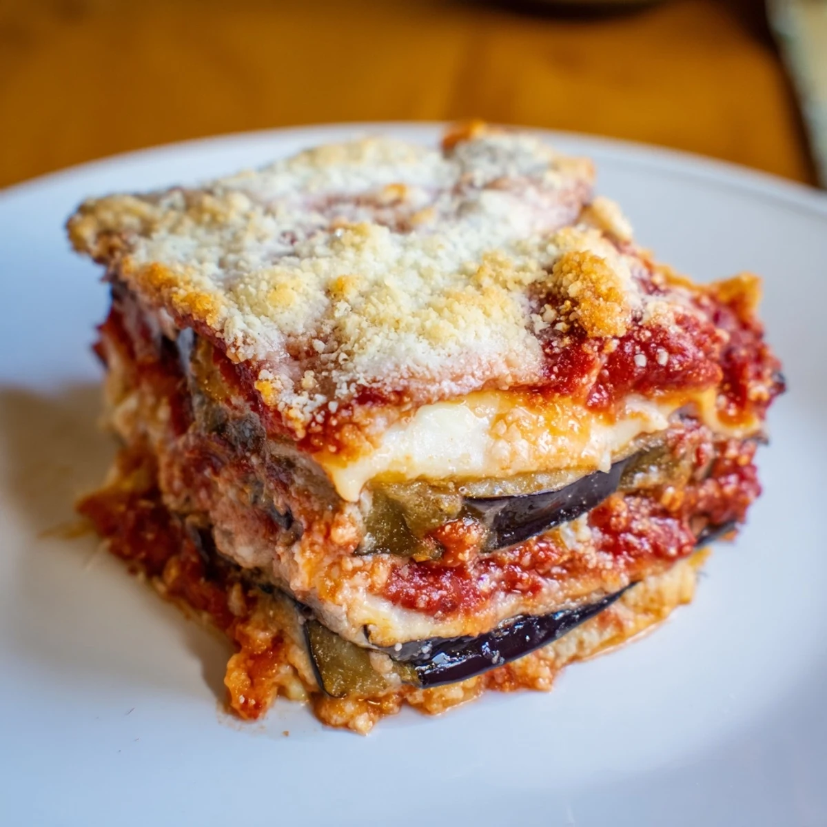 A close-up of a layered Eggplant Parmesan Lasagna, revealing the tender eggplant and rich tomato sauce.