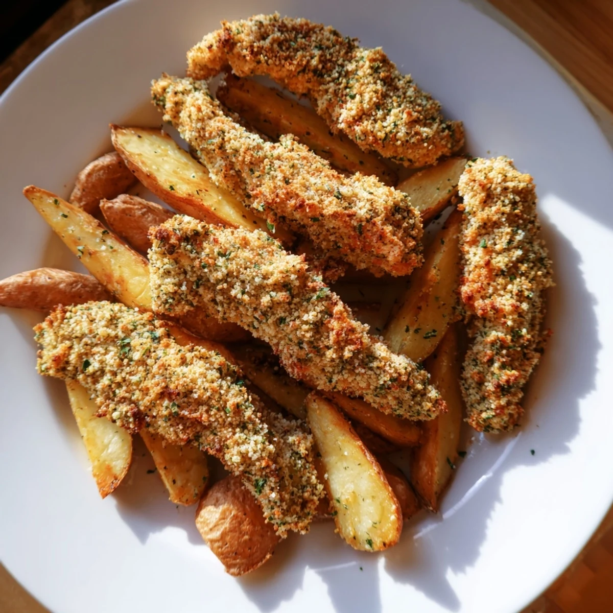 Golden-brown herbed chicken tenders paired with crispy potato wedges, a satisfying American meal.
