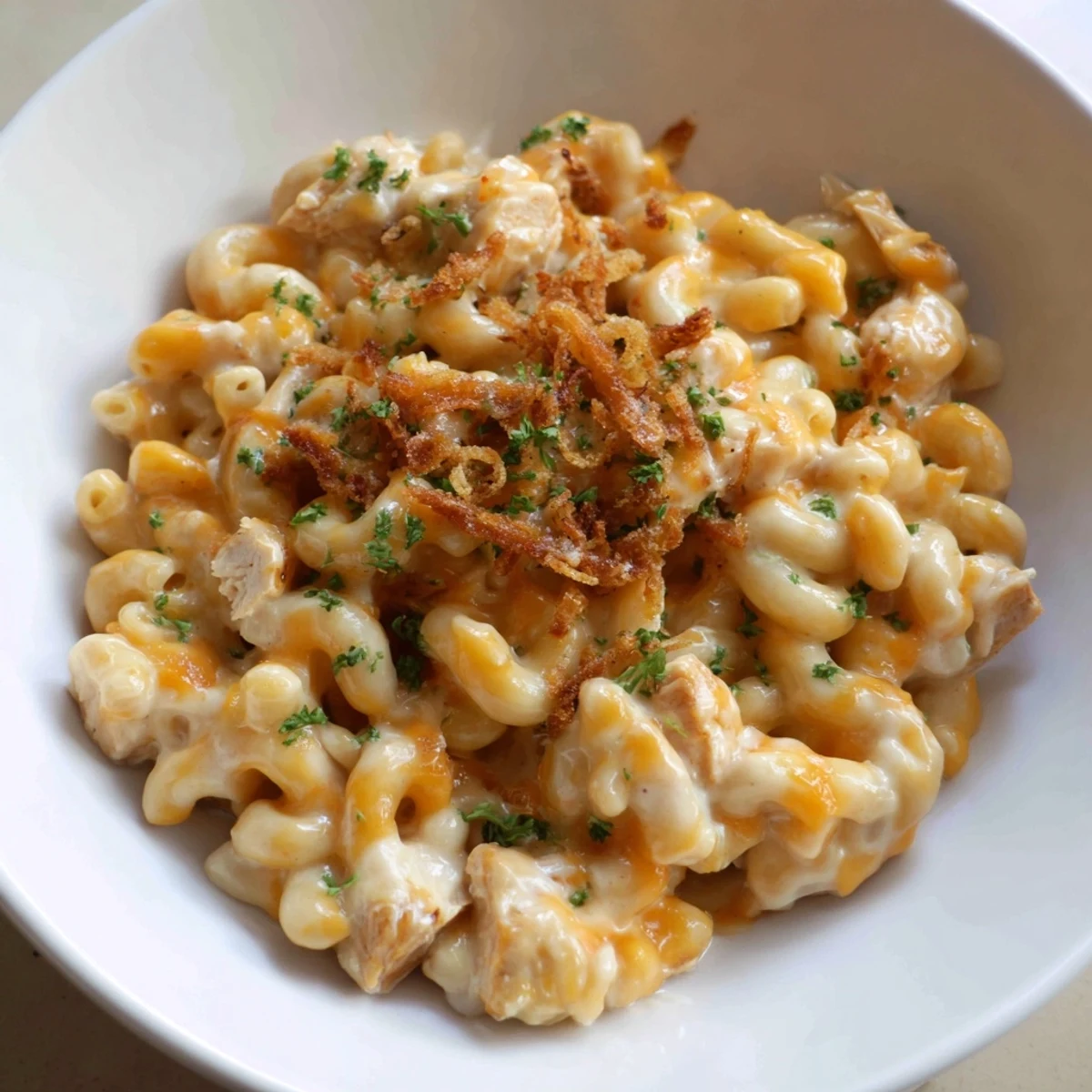 A close-up shot of creamy, savory One-Pot Honey BBQ Chicken Mac and Cheese is incredibly tempting.