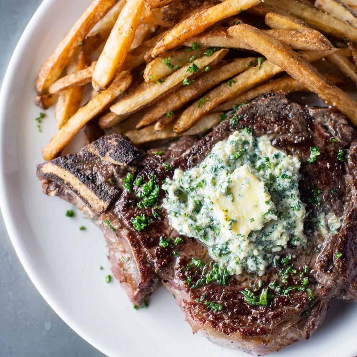 Sizzling Steakhouse Garlic Butter Steak & Fries: A juicy, seared steak topped with melting garlic butter alongside crispy fries.