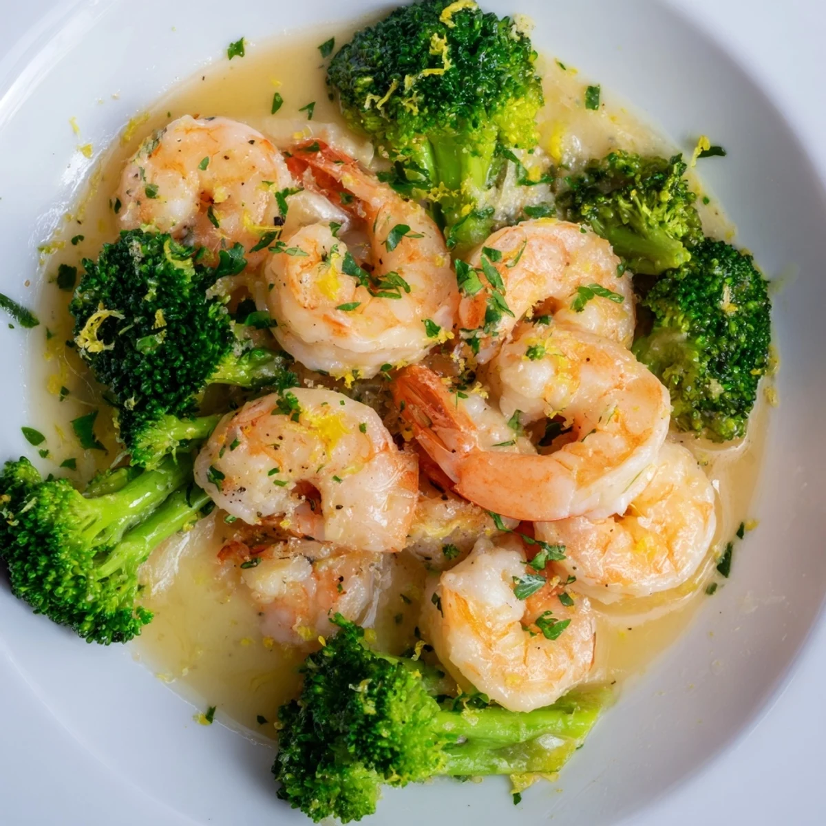 Tender Lemon Butter Shrimp & Broccoli, glistening with a vibrant lemon sauce, ready to serve.