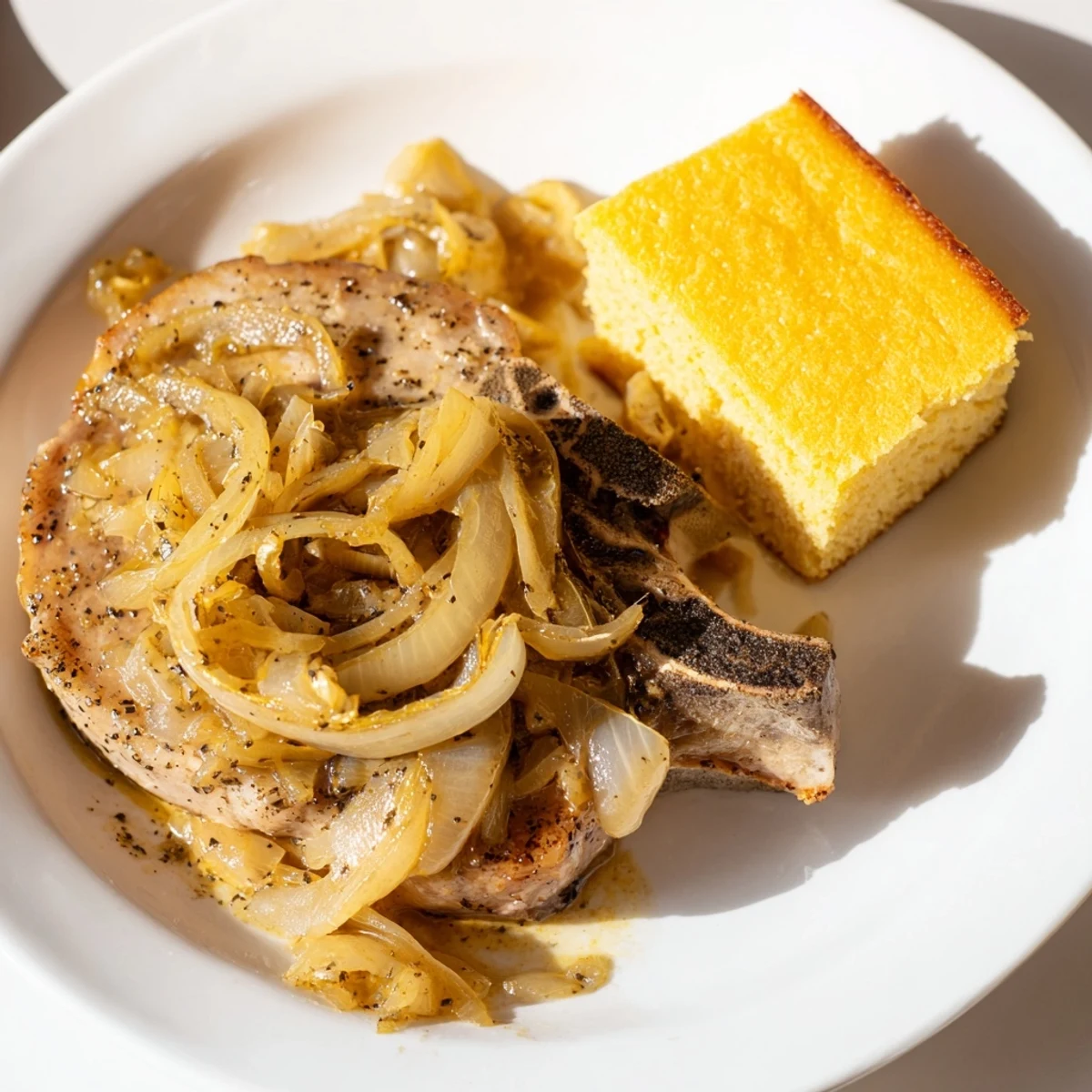 Golden-brown smothered pork chops swimming in savory gravy, served with fluffy cornbread.