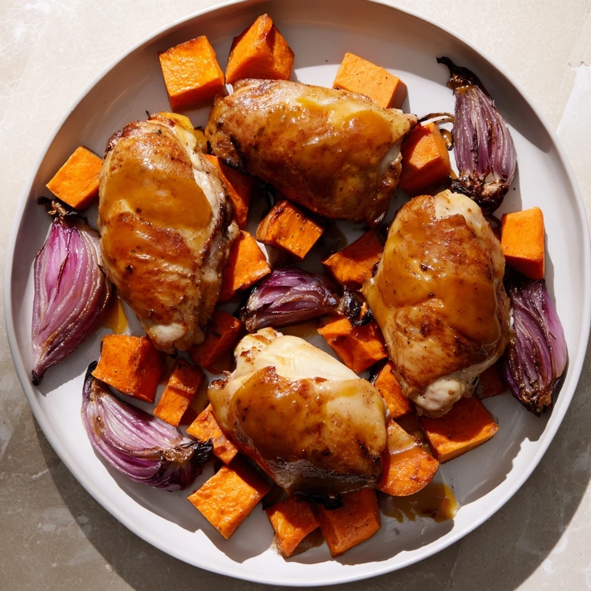 Golden-brown Maple Glazed Chicken & Sweet Potato Bake with tender vegetables and savory pan juices.