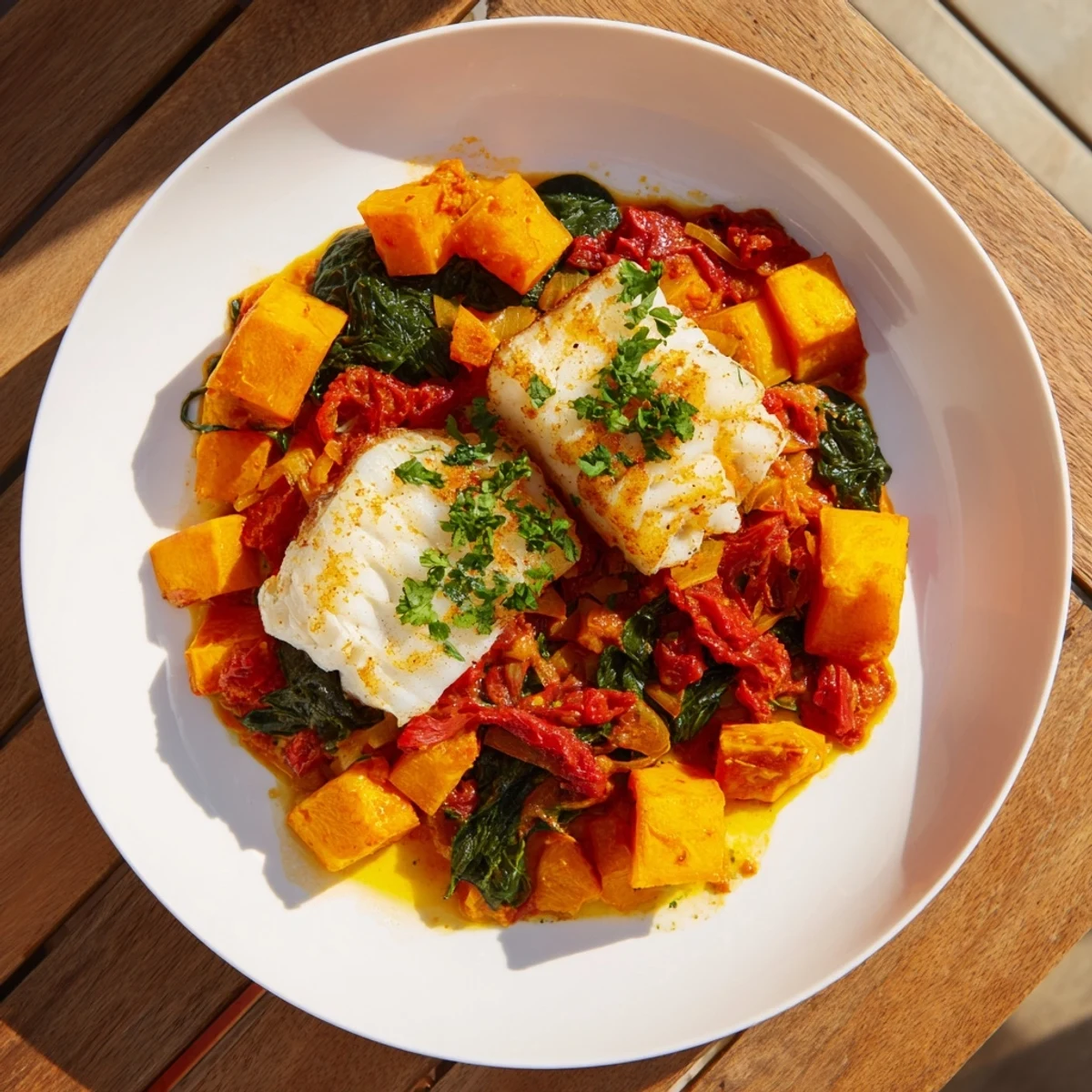 Freshly baked Baked Cod, served with vibrant roasted butternut squash and garnished with parsley.
