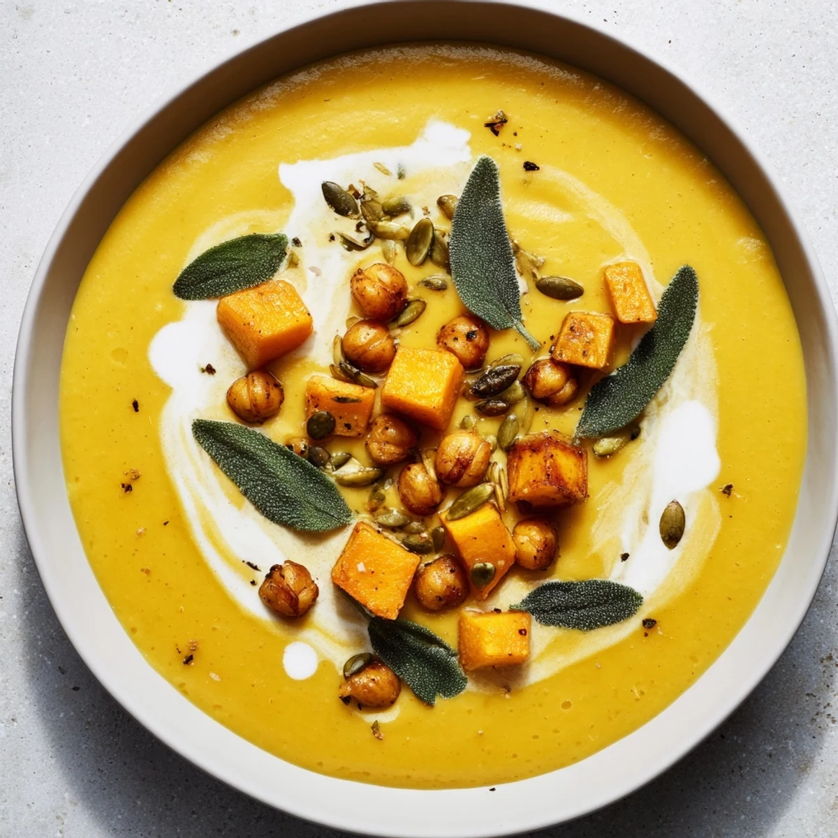 Enjoy a spoonful of velvety Chickpea, Pumpkin & Sage Soup, imagining its earthy flavors and warming spices.