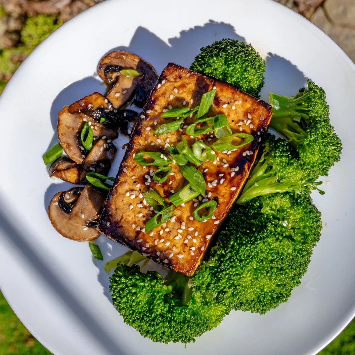 Golden, crispy Sautéed Tofu Steaks sit beside vibrant broccoli and shiitake mushrooms in a savory sauce.