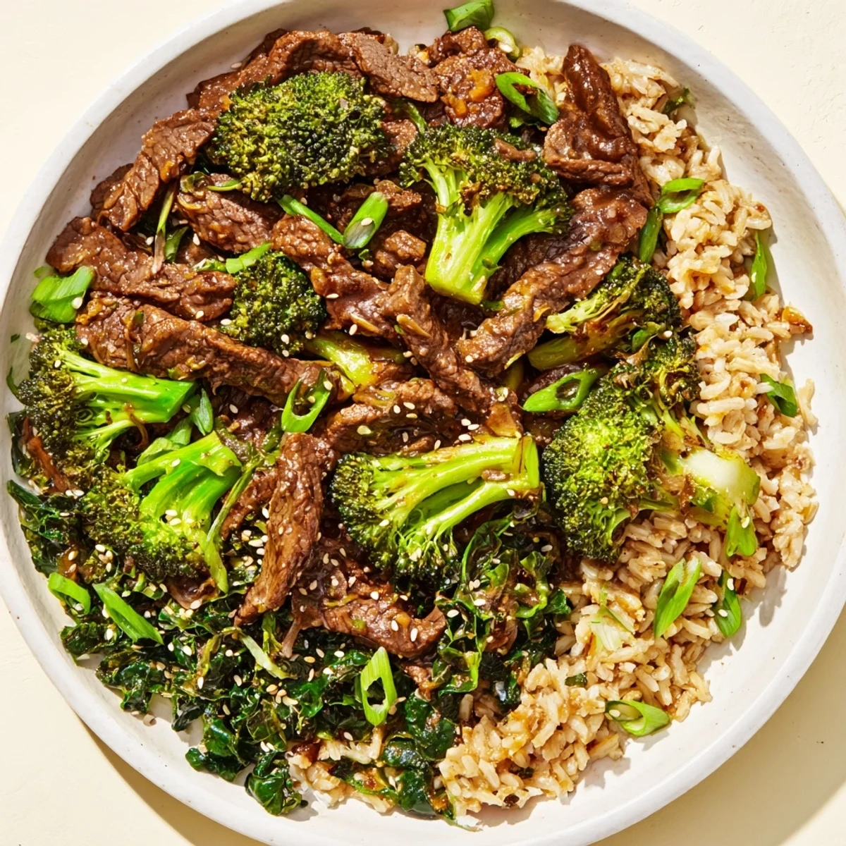 A steaming bowl of slow-cooker beef & broccoli over fluffy brown rice, garnished with fresh scallions.