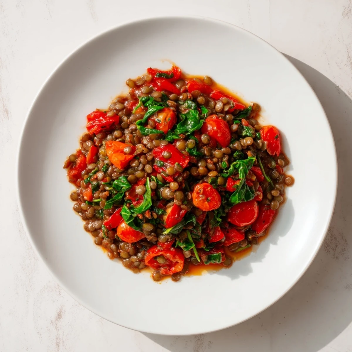 Delicious and colorful Lentil-Tomato Skillet, perfect served with crusty bread for dipping.