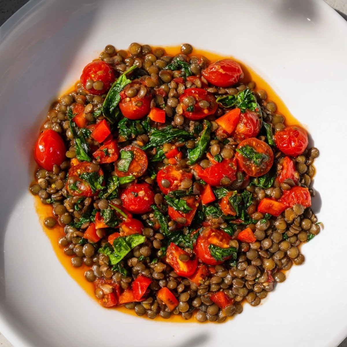 Steaming Lentil-Tomato Skillet, a vibrant Mediterranean main dish, served hot and flavorful.