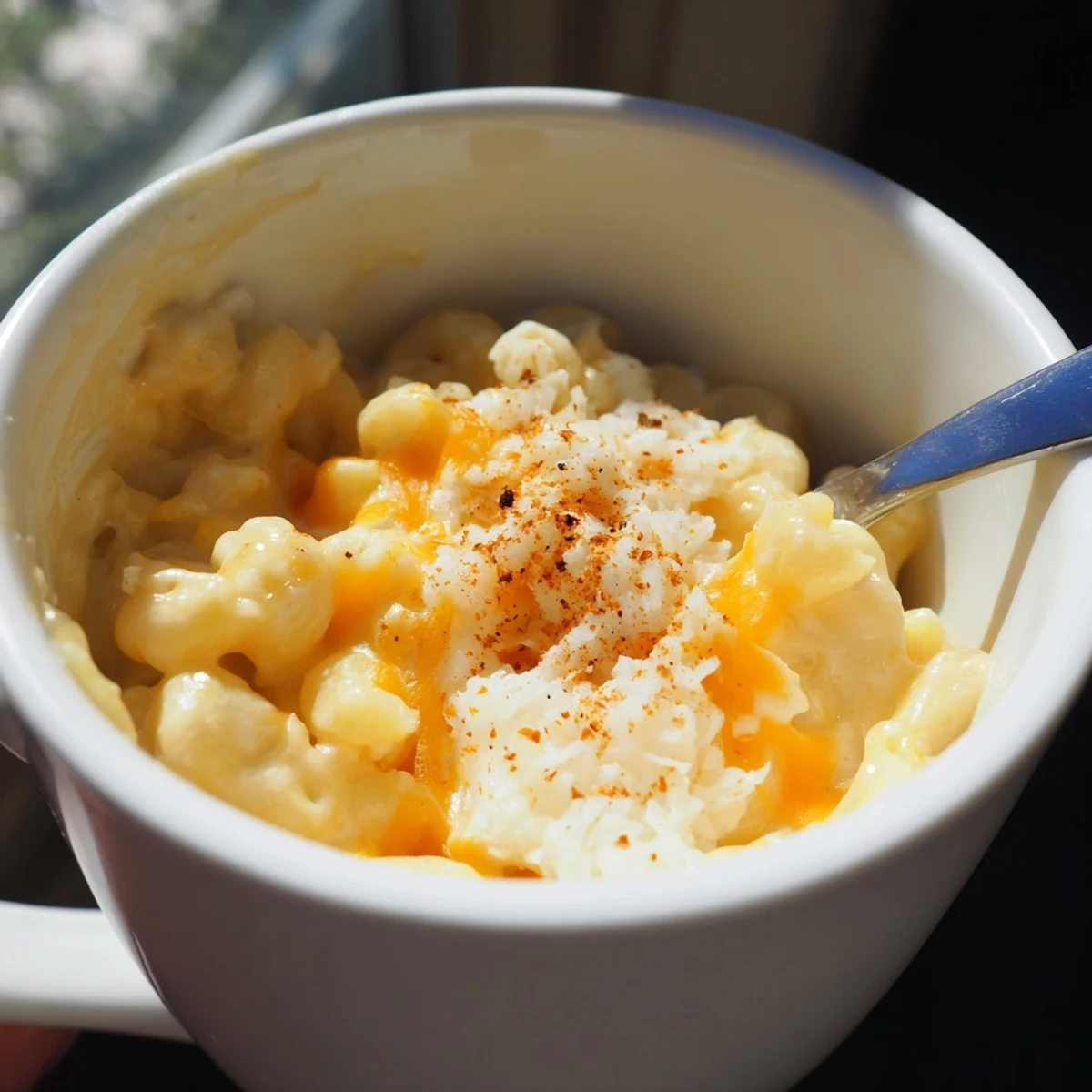 A close-up of a bubbling mug mac & cheese, perfect for a cozy, single-serving comfort food craving.