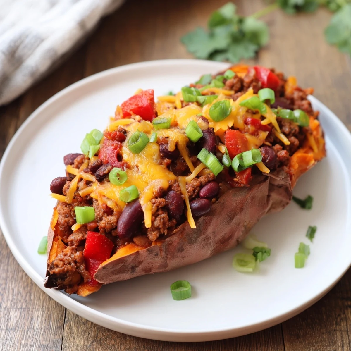 Steaming baked sweet potato stuffed with chili, topped with vibrant green onions and creamy sour cream.