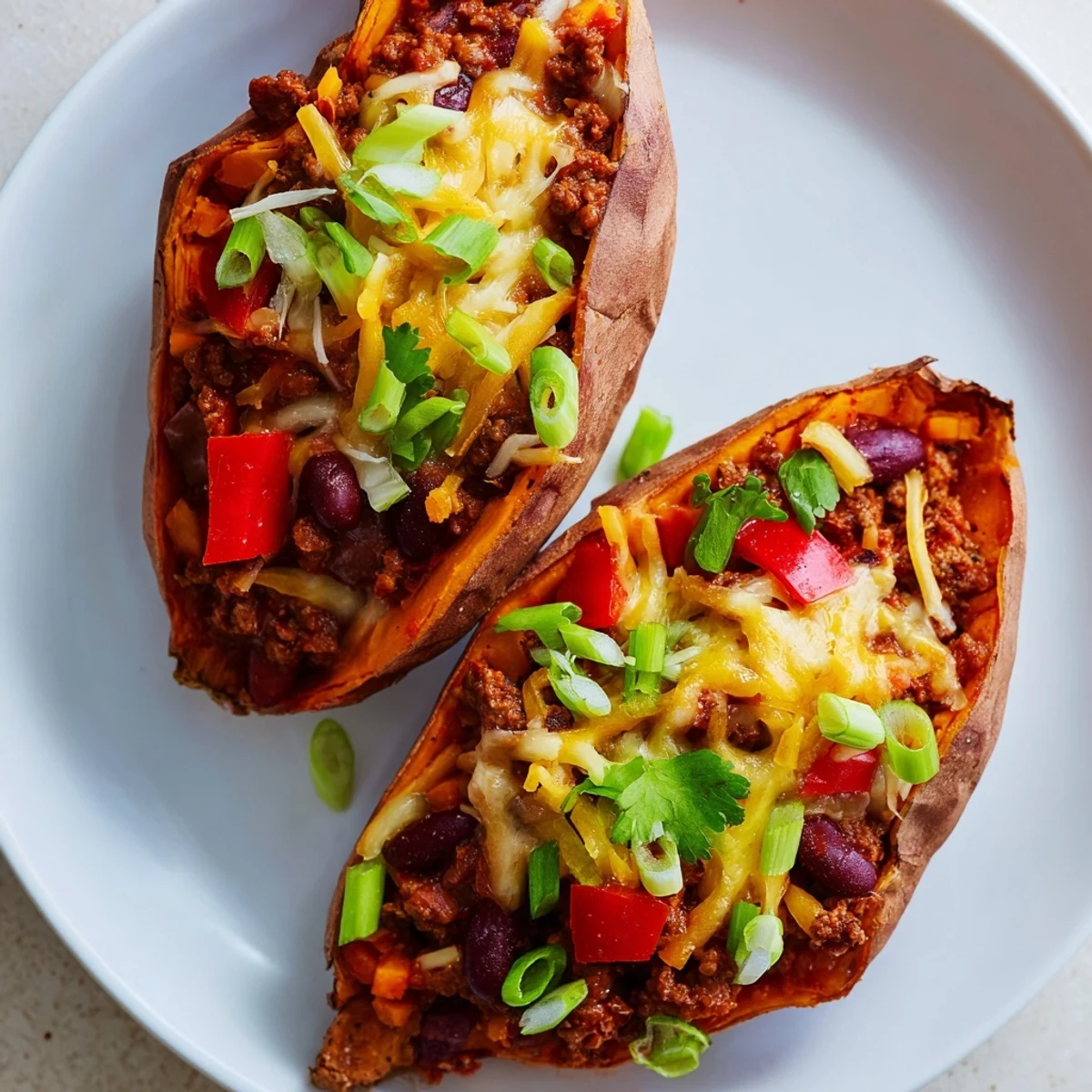 A forkful reveals tender baked sweet potato stuffed with chili's savory filling, for a satisfying meal.