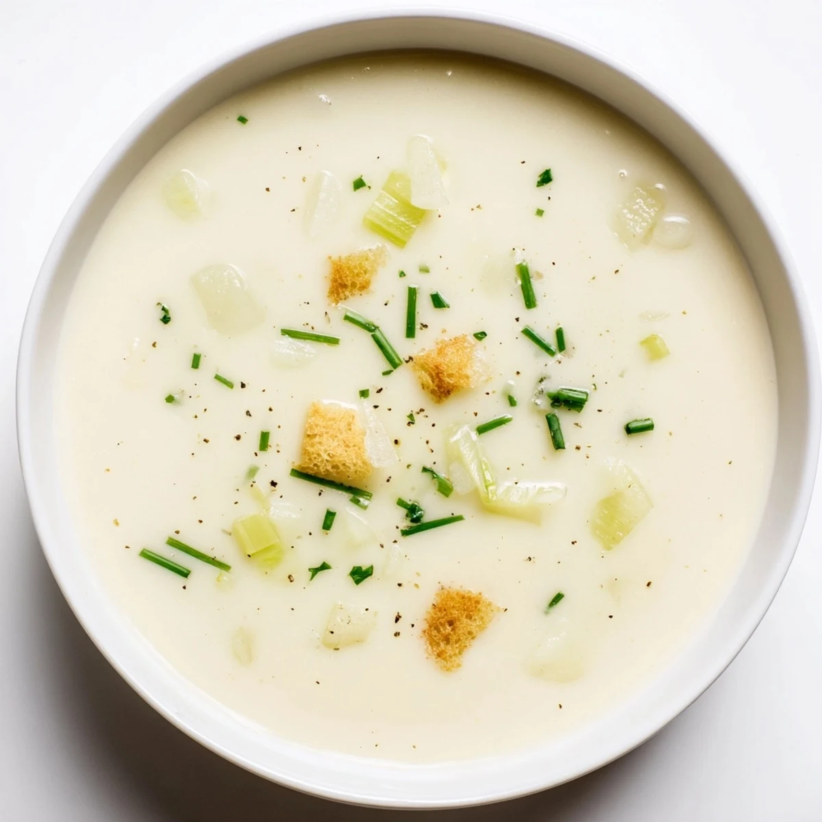 Steaming bowl of Potato Leek Soup, perfectly smooth and creamy, ready with fresh chives as garnish.