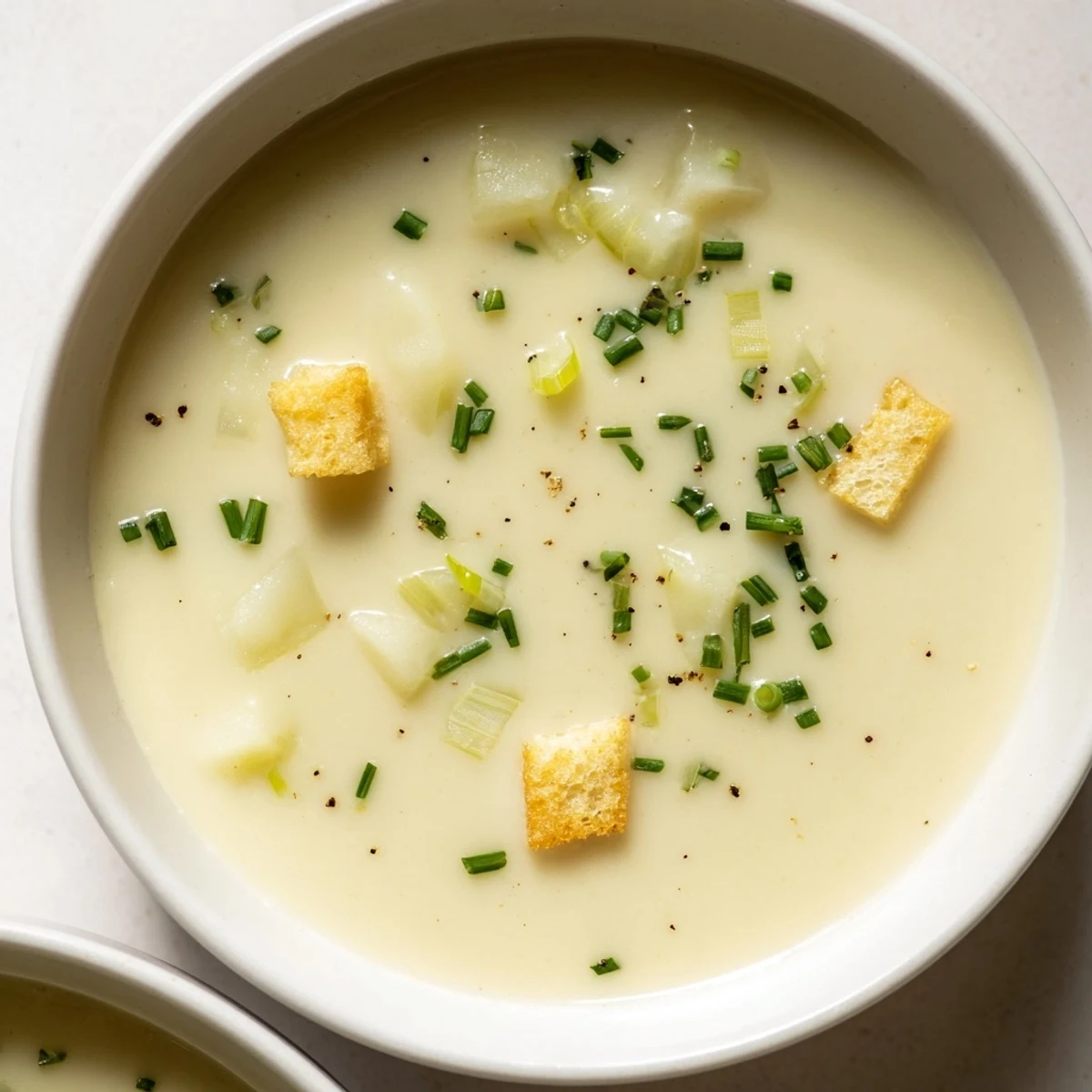 A close-up view of golden Potato Leek Soup, garnished with fresh herbs, ready for a comforting dinner.