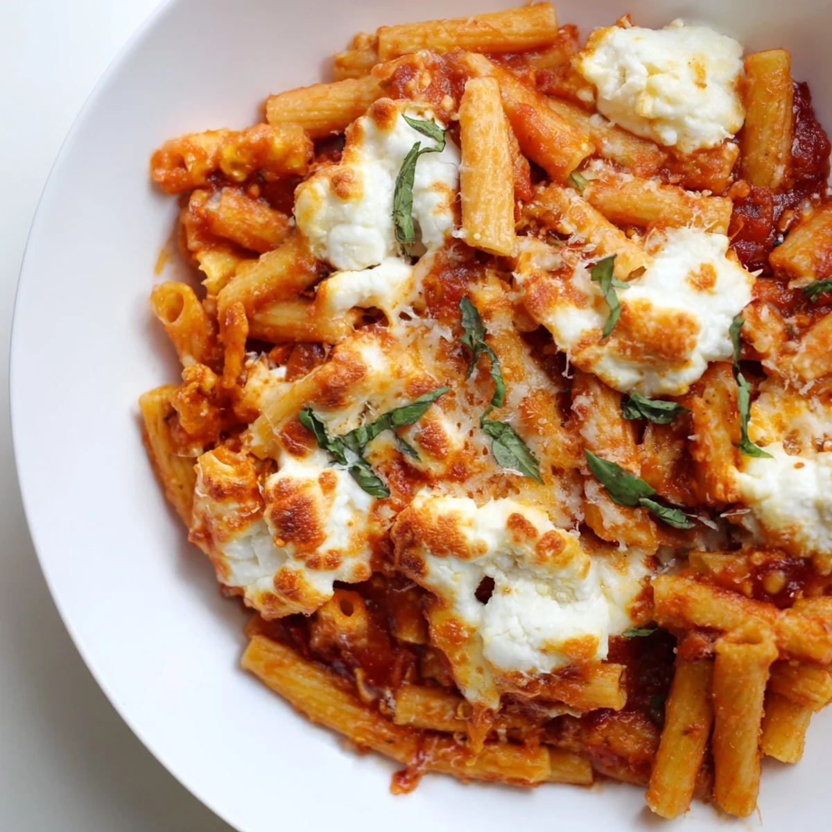 One-pan baked ziti with bubbly, golden cheese, a comforting Italian-American family dinner.