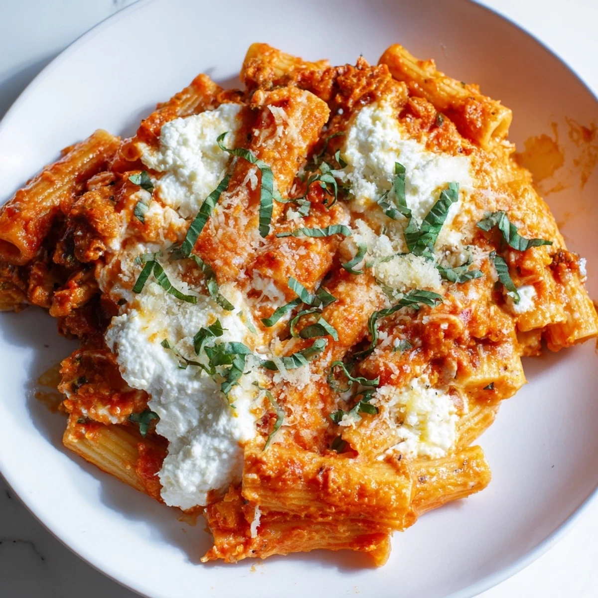 A close-up of a steaming one-pan baked ziti, showcasing melted mozzarella and ricotta.