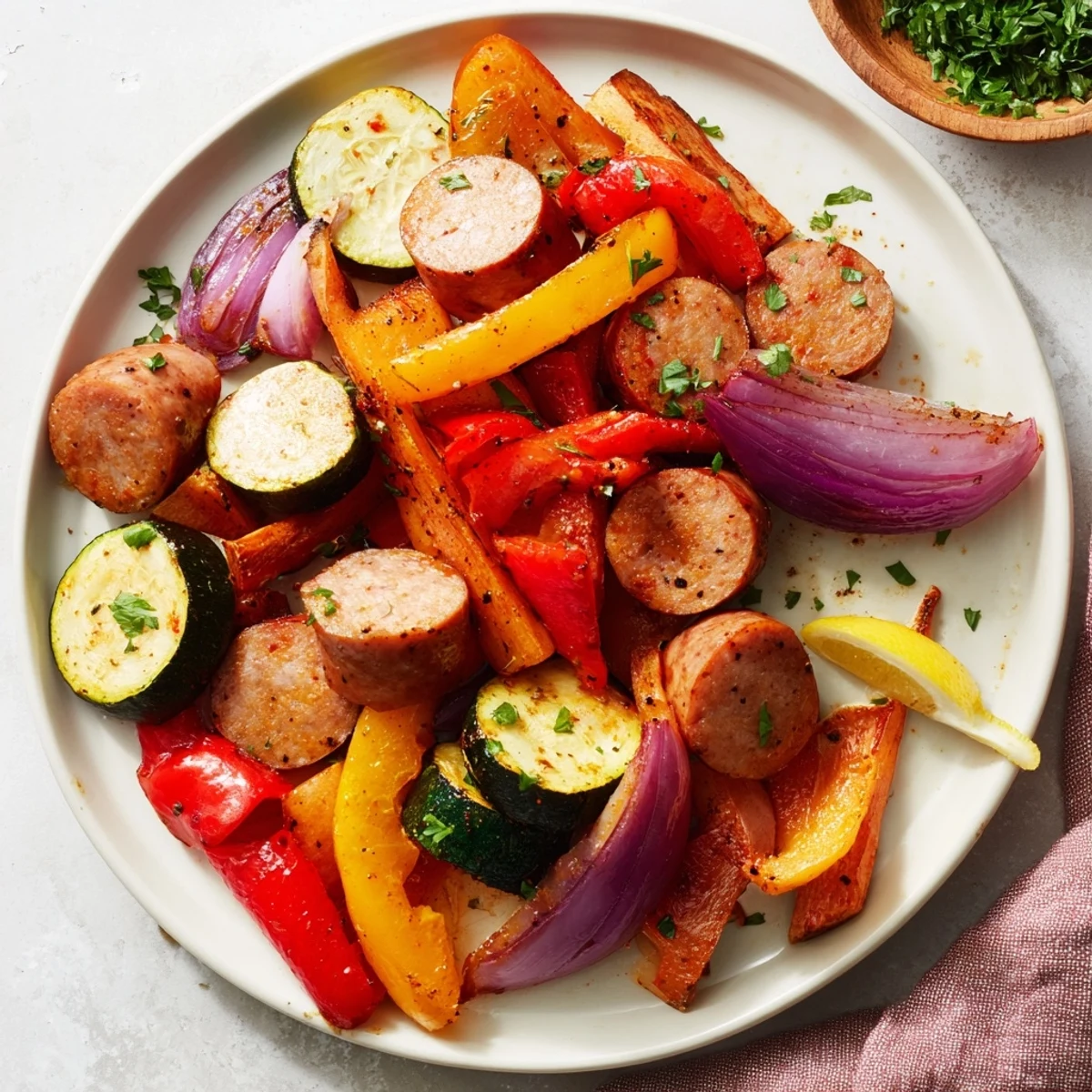 Sheet-Pan Roasted Veggies & Sausage, a colorful tray bake offering delicious, tender roasted vegetables.