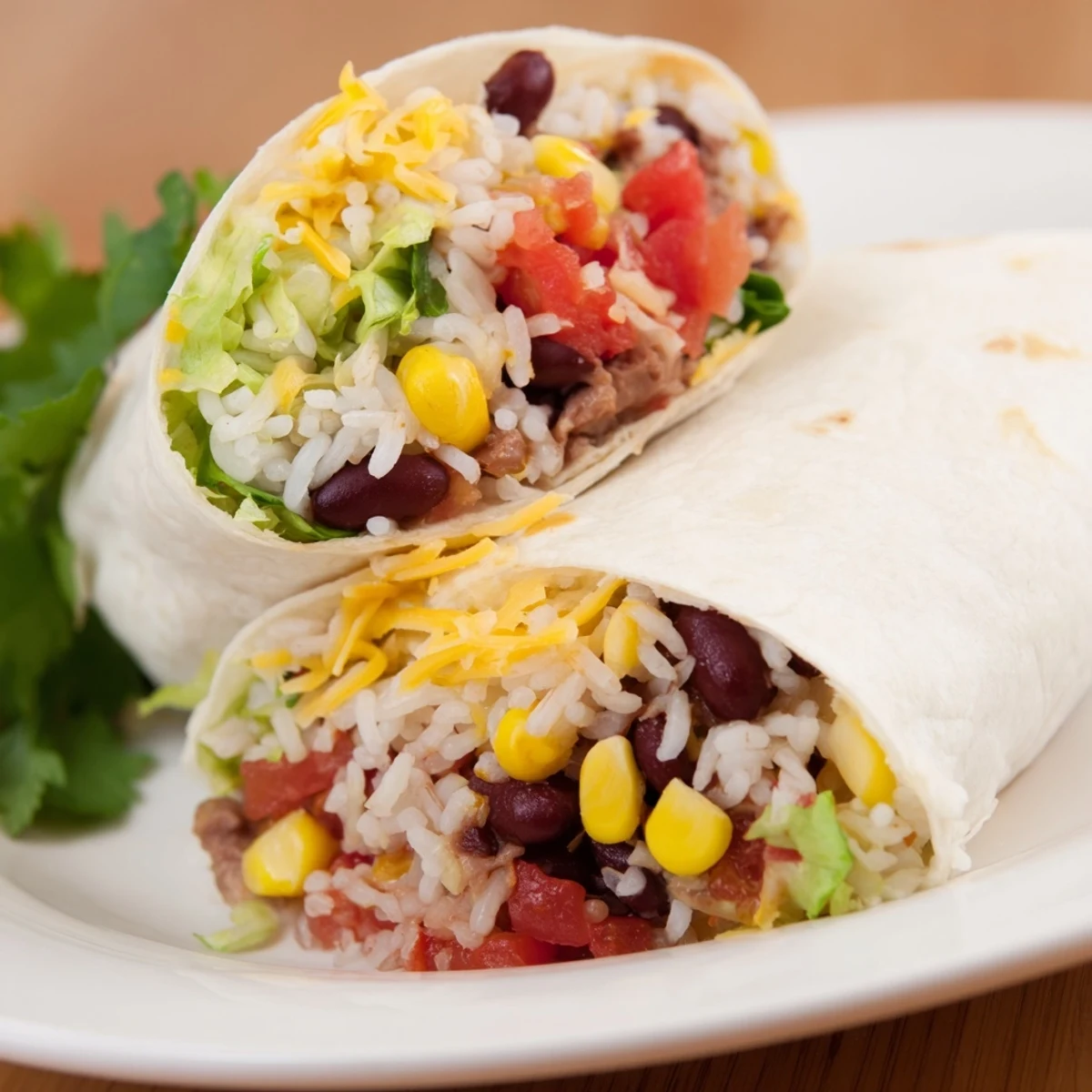A colorful cross-section reveals the layers within this hearty Rice & Bean Burrito, ready to eat.