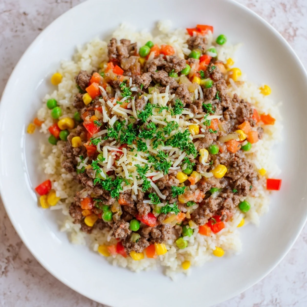 Fluffy rice mixes with seasoned ground beef and veggies in this delicious Ground Beef Skillet dish.