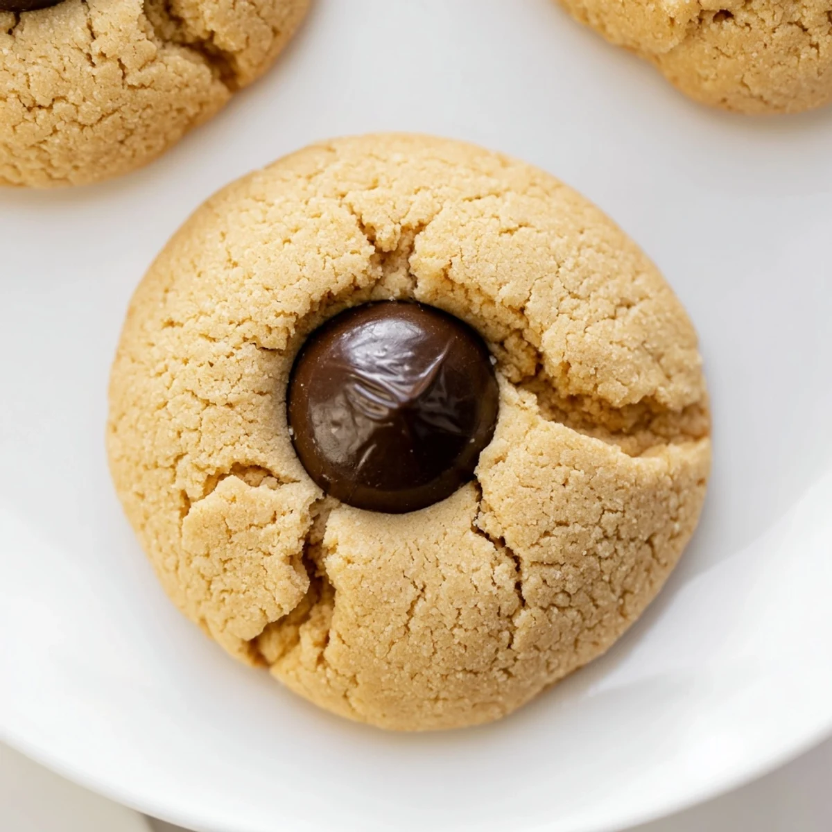 Warm, freshly baked 3-Ingredient Peanut Butter Blossoms, with melted chocolate kiss topping, ready to eat.