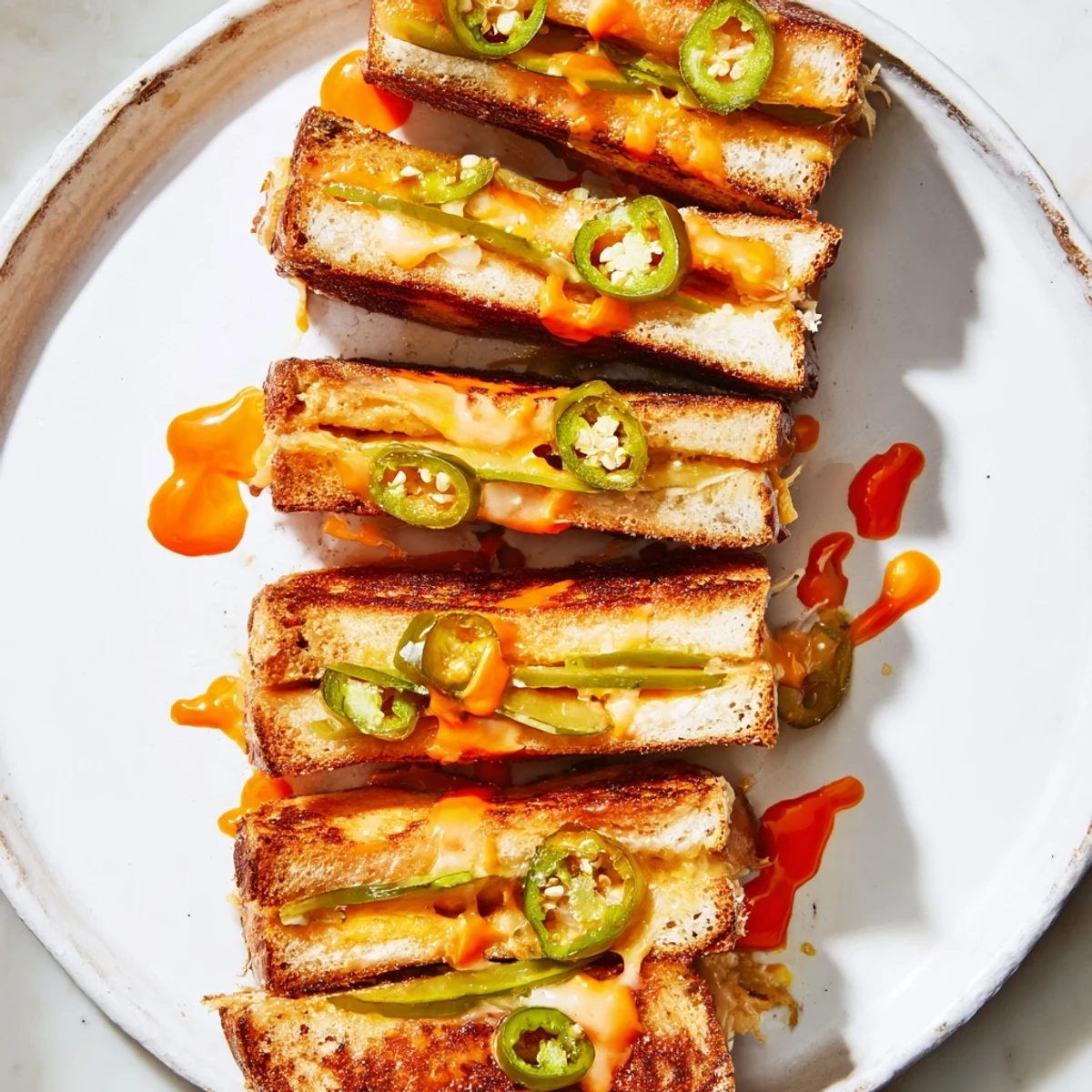 Golden-brown Spicy Pickle Grilled Cheese Dippers, oozing melted cheese ready to dip in creamy ranch.