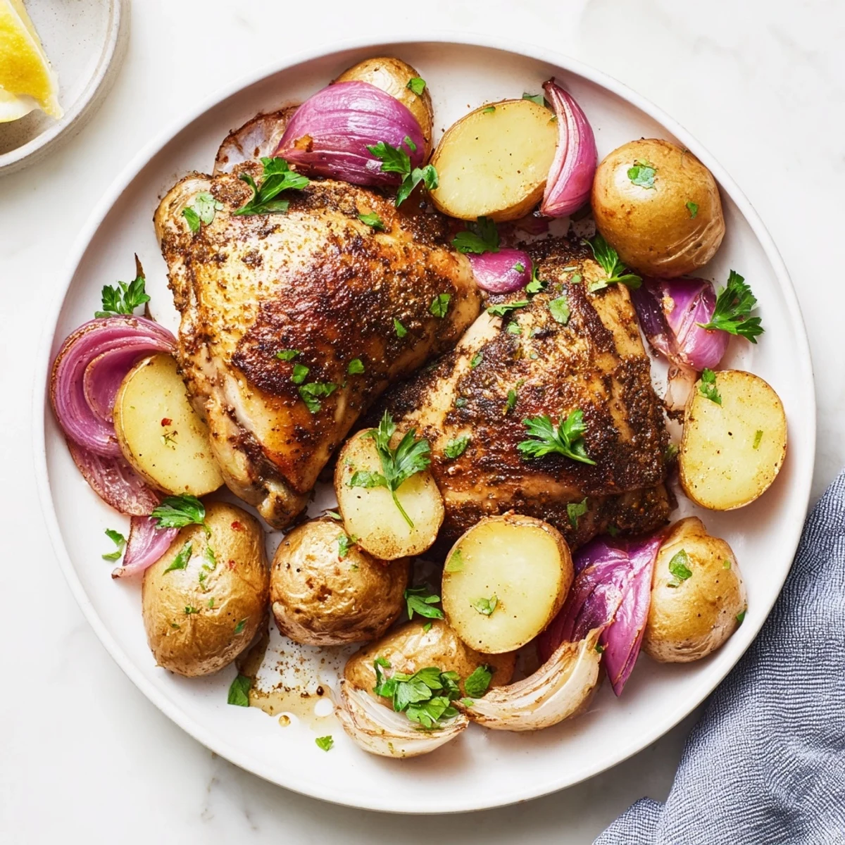 Sheet Pan Zaatar Chicken with potatoes, golden, crispy chicken beside roasted potatoes and red onions.