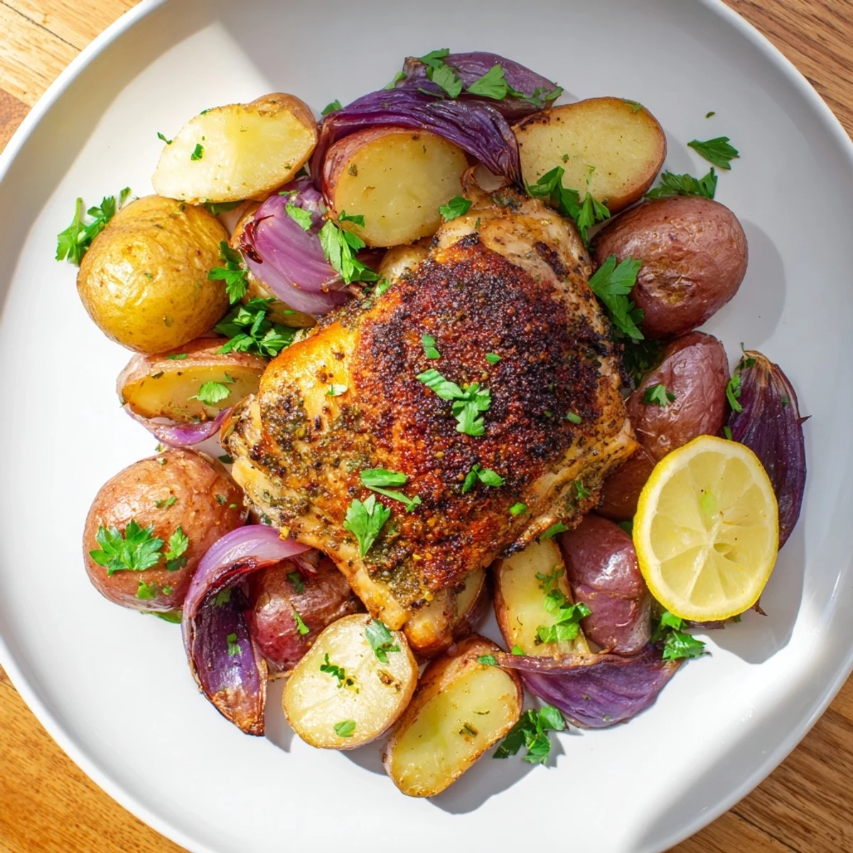 Tender Sheet Pan Zaatar Chicken with potatoes offering a delicious, flavorful Middle Eastern dinner.
