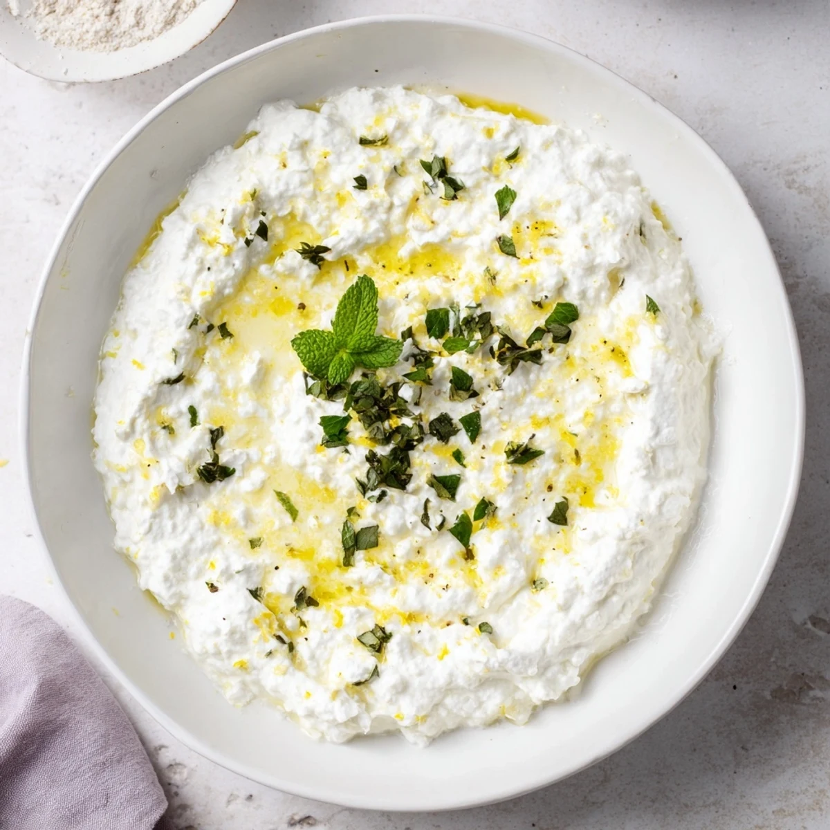 Creamy whipped feta dip with lemon-mint drizzle, ready to be scooped up with pita bread.