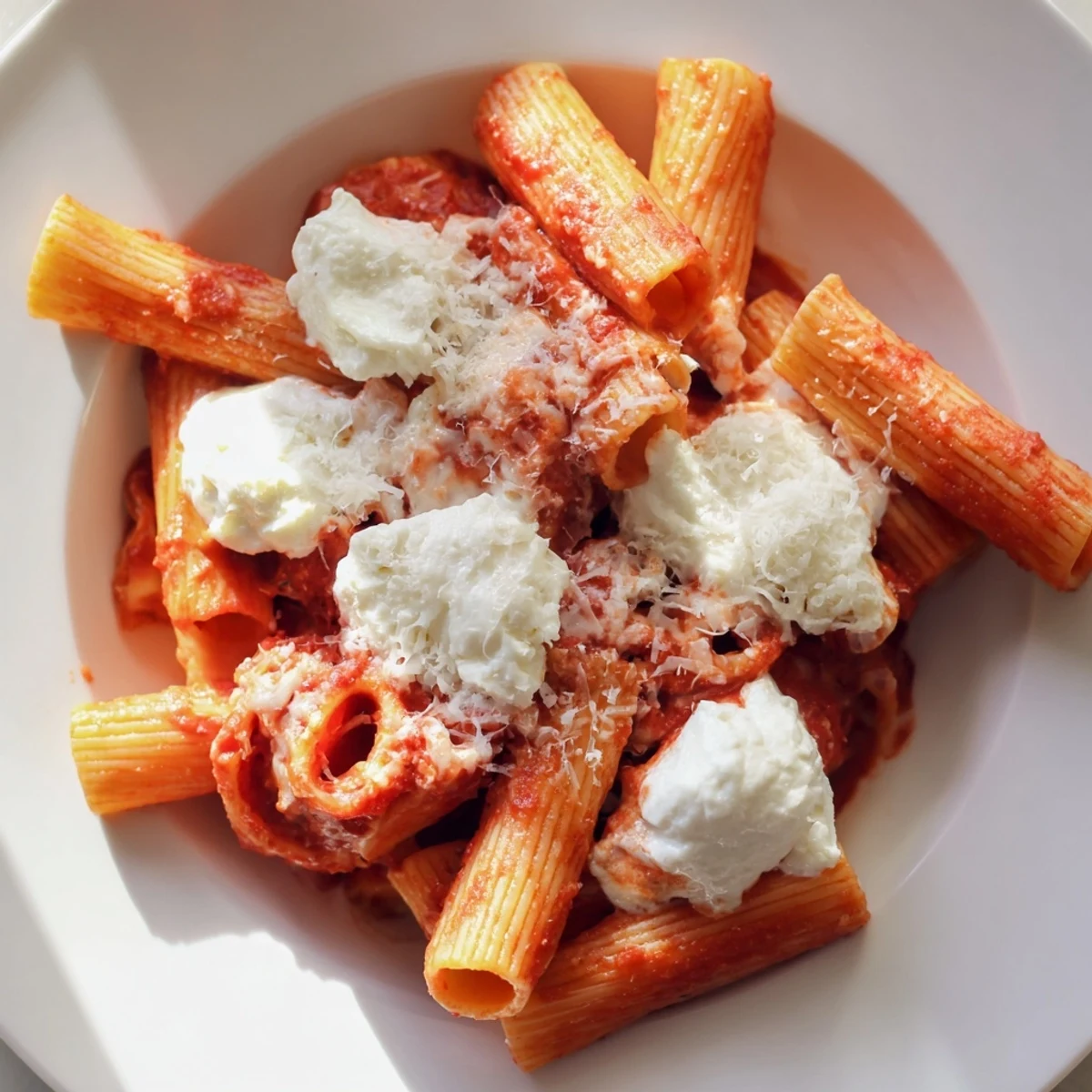 Steaming slow cooker baked ziti, bubbling with melted mozzarella and rich tomato sauce aromas.