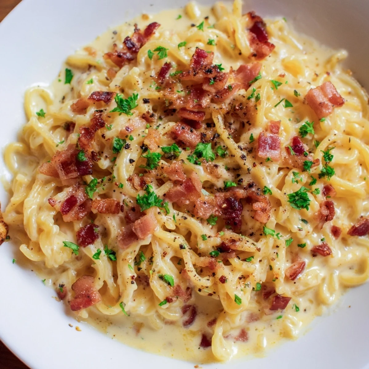 Steaming Instant Pot Carbonara Ramen, featuring crispy bacon and creamy, rich noodles, ready to eat.