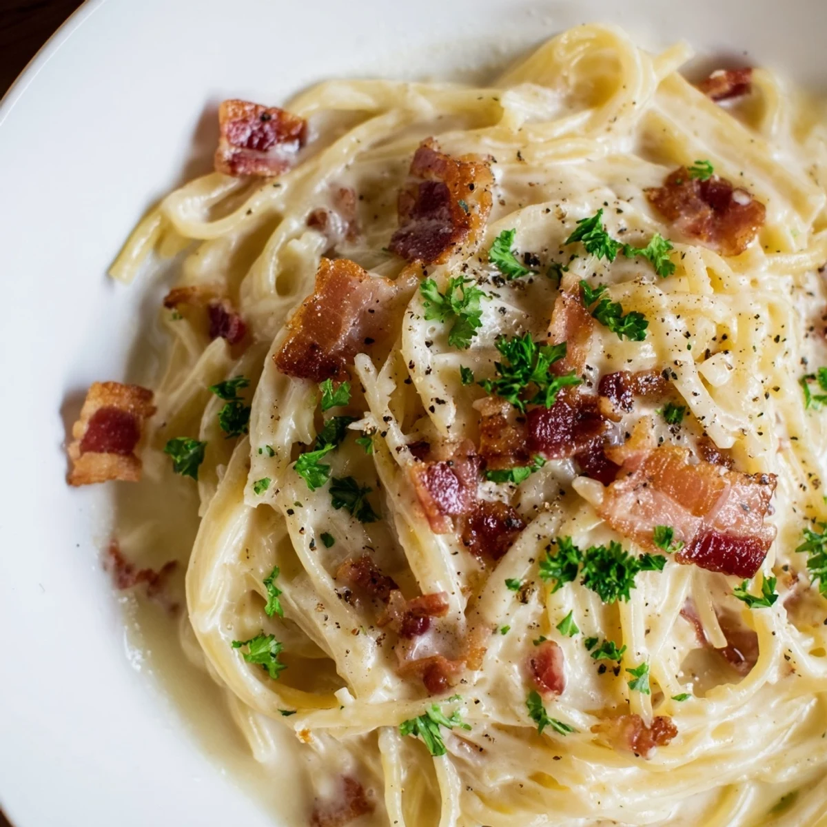 Savory Instant Pot Carbonara Ramen: creamy egg sauce coats the flavorful ramen and bacon.