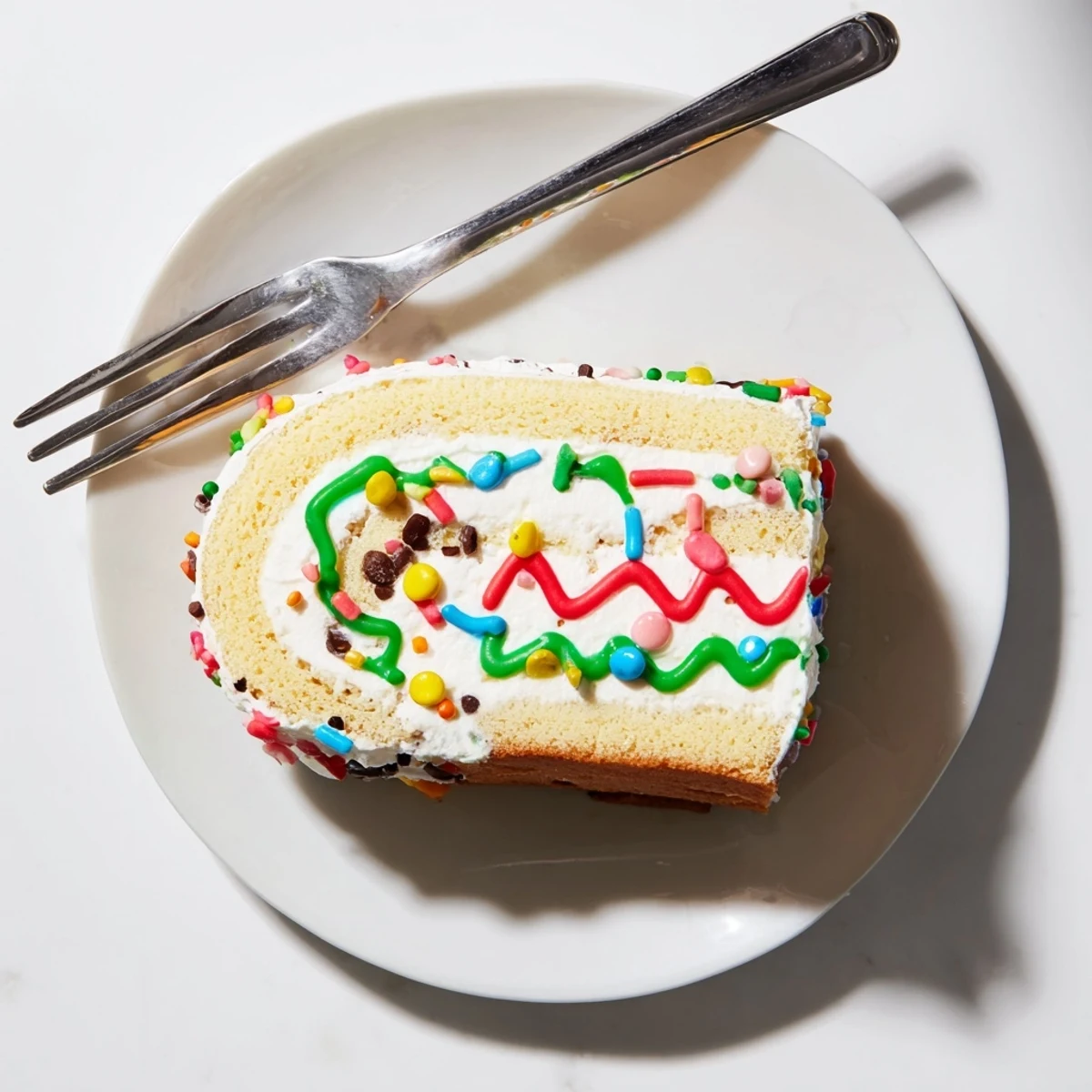 Delicious sliced Ugly Sweater Cake Roll, showcasing creamy filling and whimsical holiday decorations.