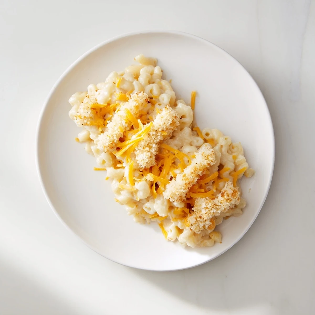 Old-Fashioned Baked Mac & Cheese bubbling in a baking dish, with a crispy breadcrumb topping, ready to serve.