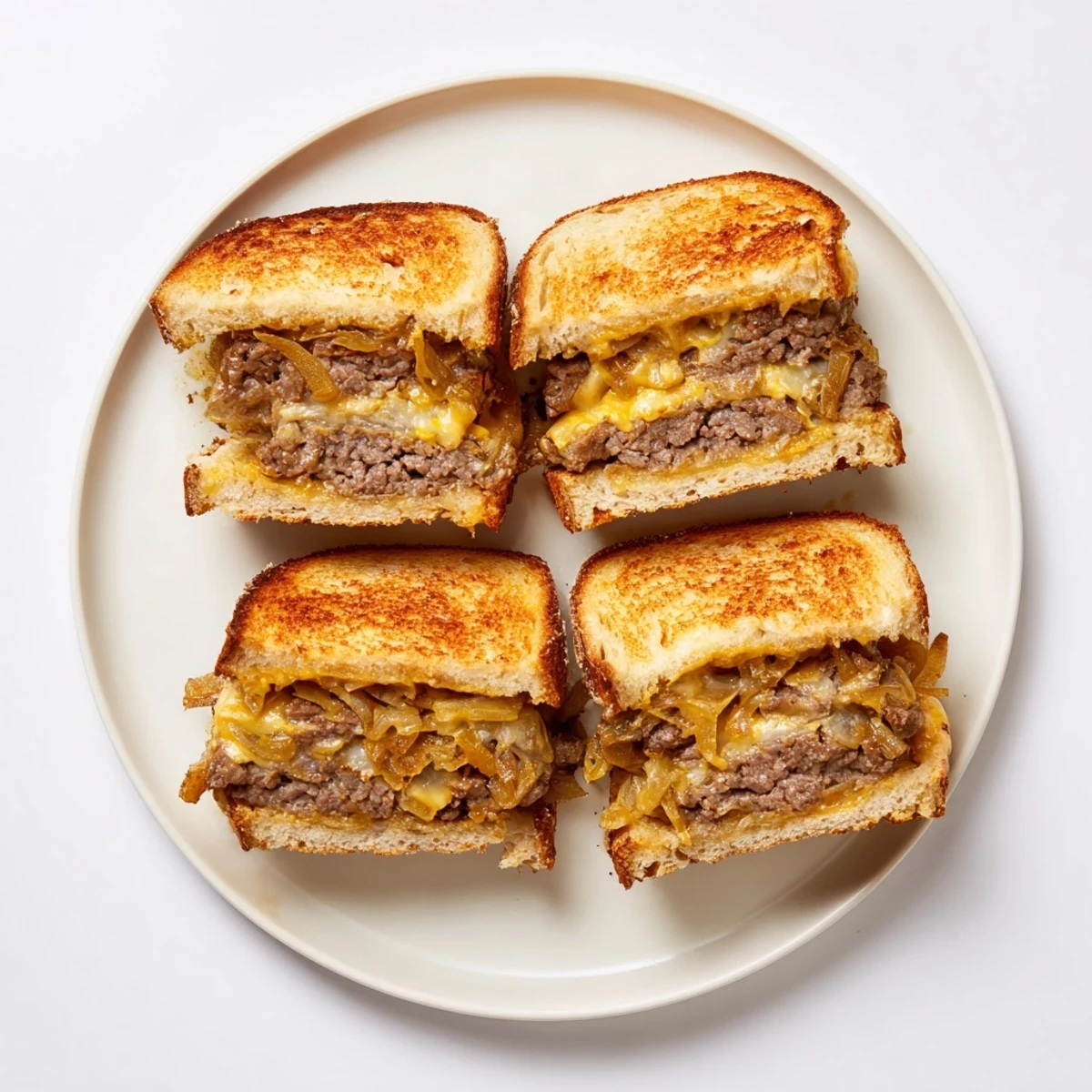 Close-up of a golden brown patty melt skillet, overflowing with cheese and perfectly cooked beef.