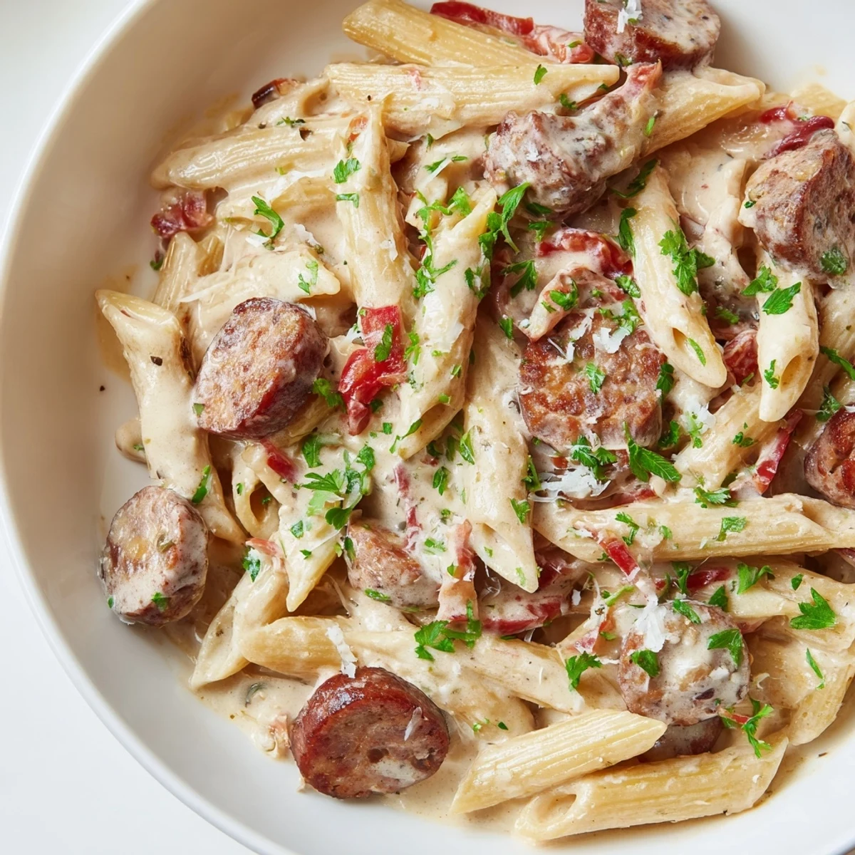 A flavorful serving of creamy Smoked Sausage Cajun Alfredo with penne, garnished with fresh parsley.