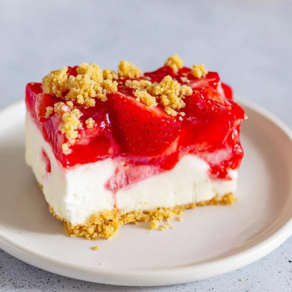 A slice of creamy strawberry shortcake cheesecake, showcasing its vibrant strawberry topping and crumble crust.