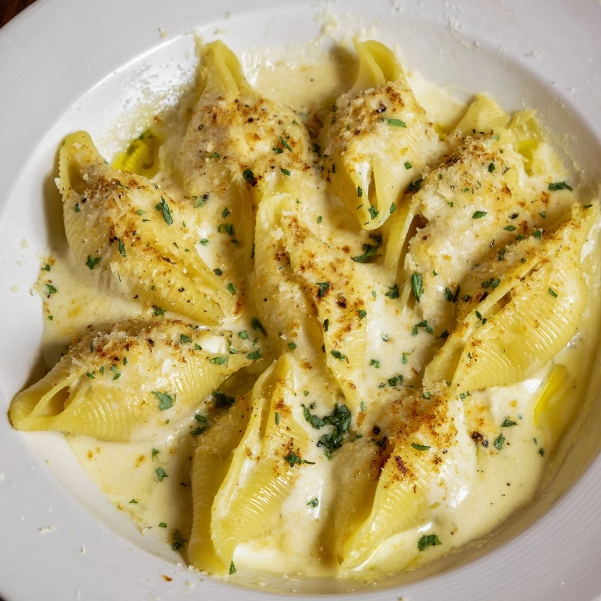 Close-up of golden Pumpkin & Gouda Stuffed Shells, bubbling with brown butter sage Alfredo sauce.