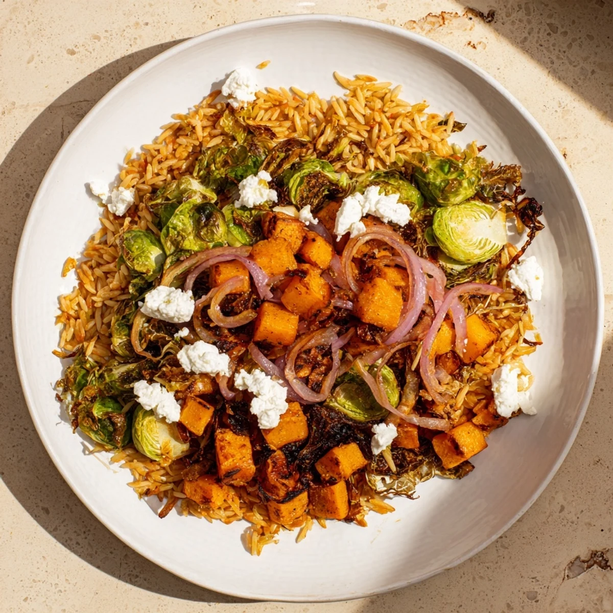 Vibrant Best Fall Harvest Orzo Salad with roasted veggies and crumbled goat cheese, a fall delight.