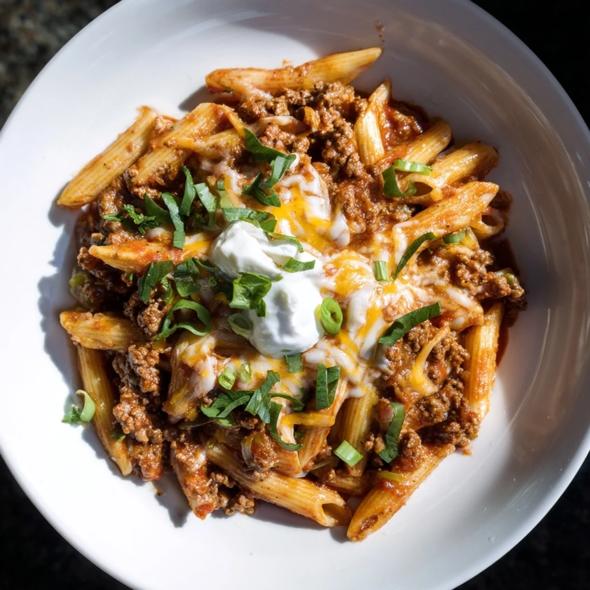 A close-up shot of bubbling Easy Beef Enchilada Pasta, showcasing the creamy, cheesy, deliciousness.