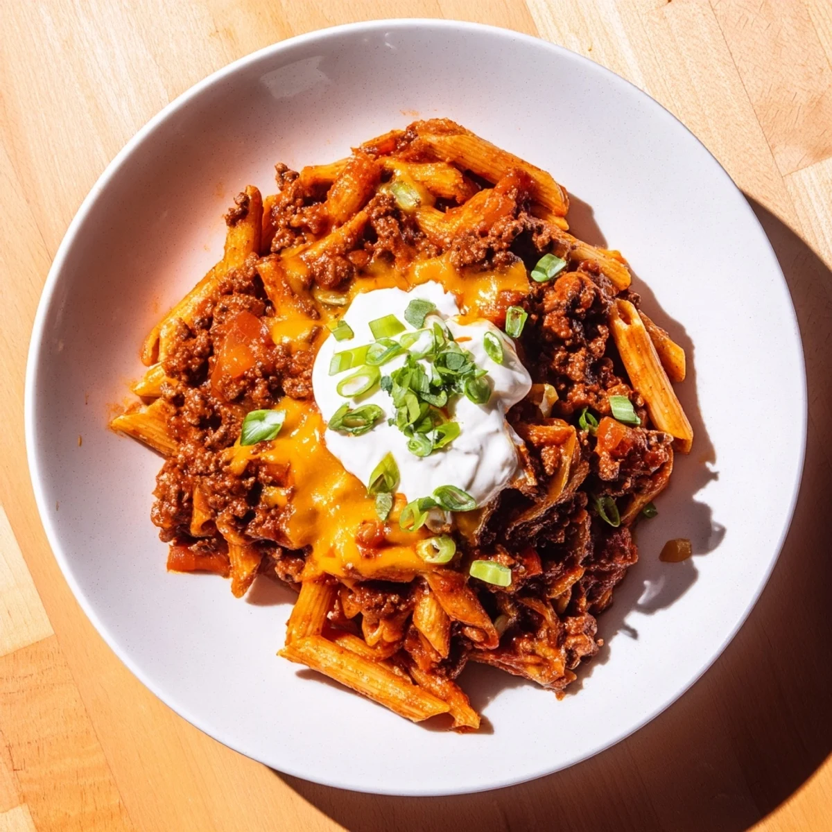 Easy Beef Enchilada Pasta, a one-skillet meal with melted cheese and savory beef, is ready to serve.