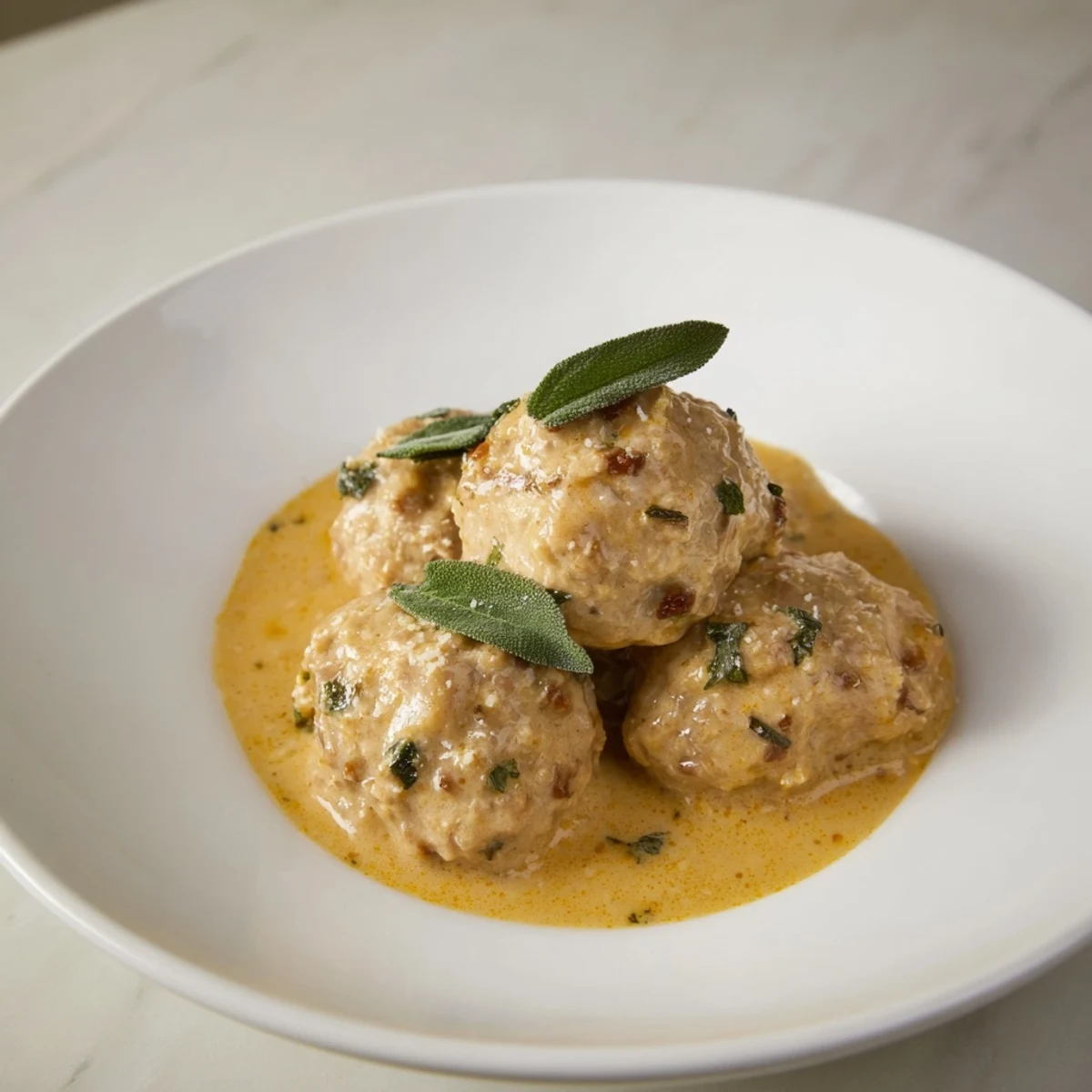 A warm plate of turkey meatballs in pumpkin sage sauce, perfect for a cozy autumn meal.