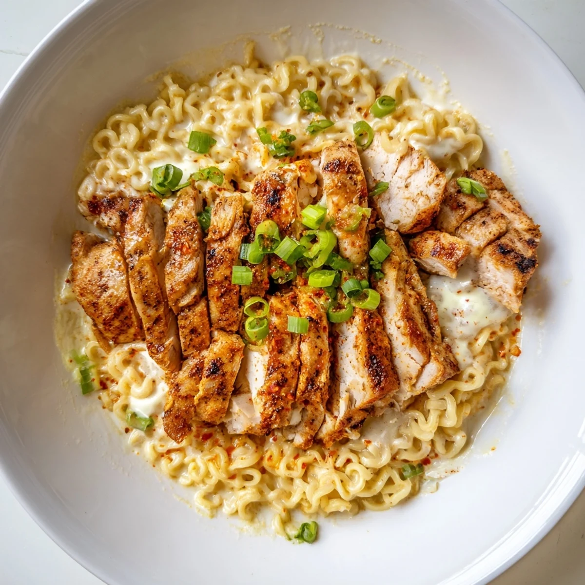 Close-up of vibrant Fiery Chicken Ramen highlighting savory noodles, creamy garlic sauce, and chili-infused chicken slices.