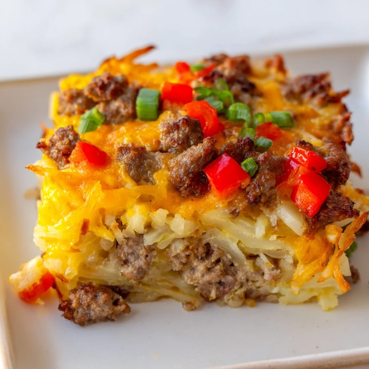 Quick Christmas Morning Hash Brown Bake, bubbly with cheese and sausage, perfect for a cozy holiday breakfast.