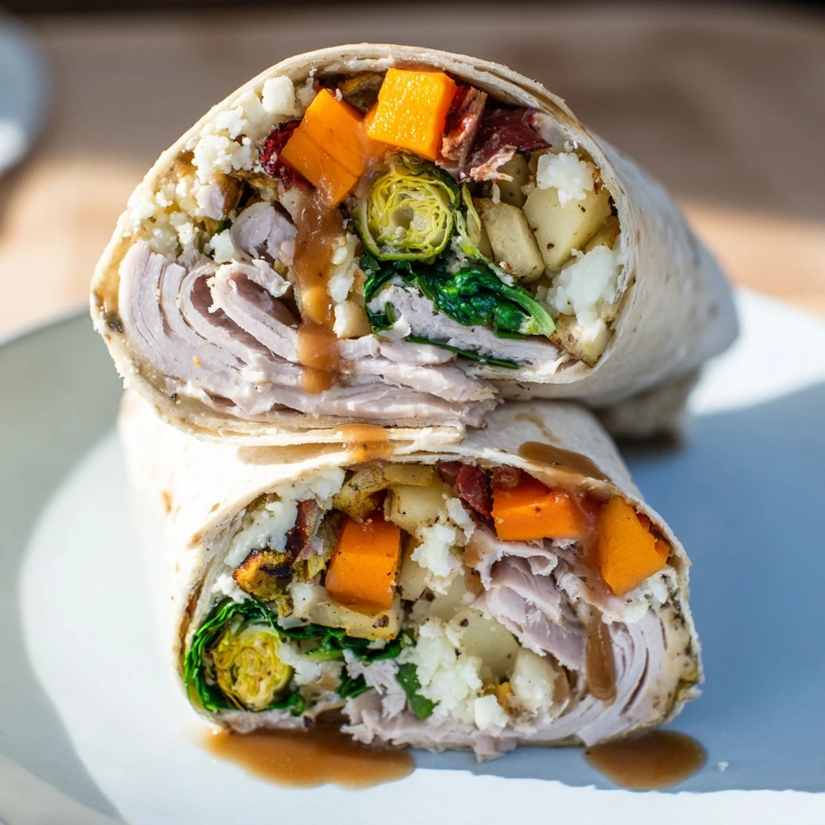 Golden-brown Simple Christmas Leftover Wraps filled with turkey, stuffing, and veggies, ready to eat.