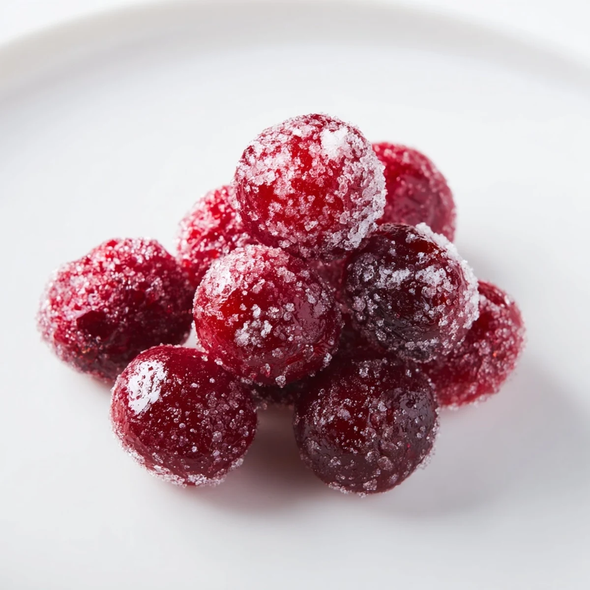 Close-up of sparkling, candied cranberries, adding a pop of color as a gluten-free garnish.