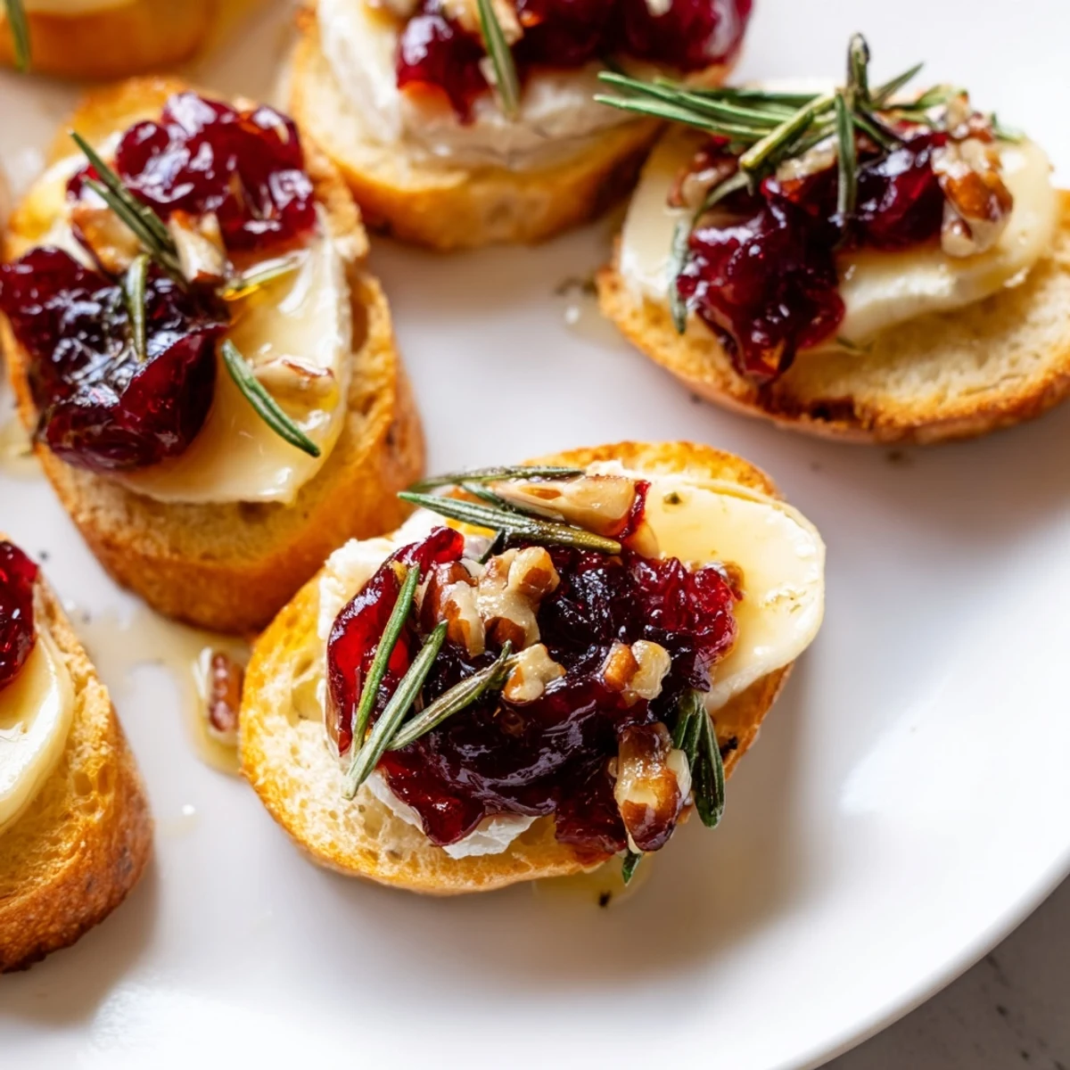Toasted baguette rounds topped with melted Brie and vibrant cranberry sauce for Quick Cranberry Brie Crostini.