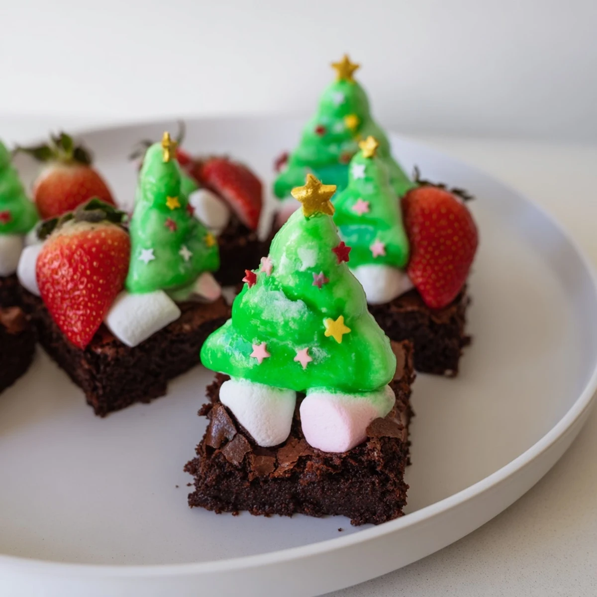 Rich, fudgy Express Christmas Tree Brownie Hats topped with vibrant green icing and festive sprinkles for a holiday treat.